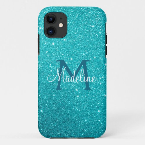 Turquoise Teal Blue Sparkly Glitter Monogrammed  iPhone 11 Case