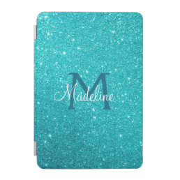 Turquoise Teal Blue Sparkly Glitter Monogrammed  iPad Mini Cover