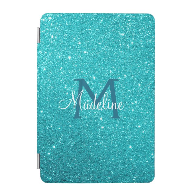Turquoise Teal Blue Sparkly Glitter Monogrammed  iPad Mini Cover (Front)