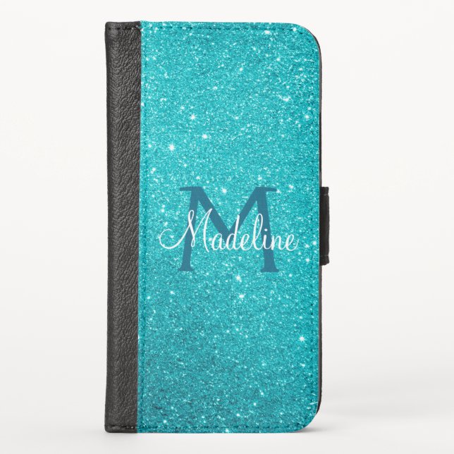 Turquoise Teal Blue Sparkly Glitter Monogrammed   iPhone Wallet Case (Front)