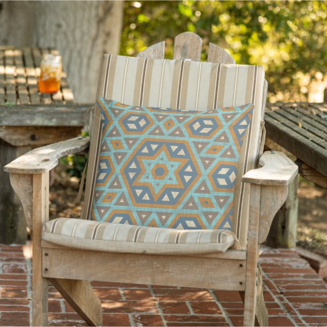 Turquoise Teal Blue Taupe Rust Brown Tribal Art Outdoor Pillow (Chair)