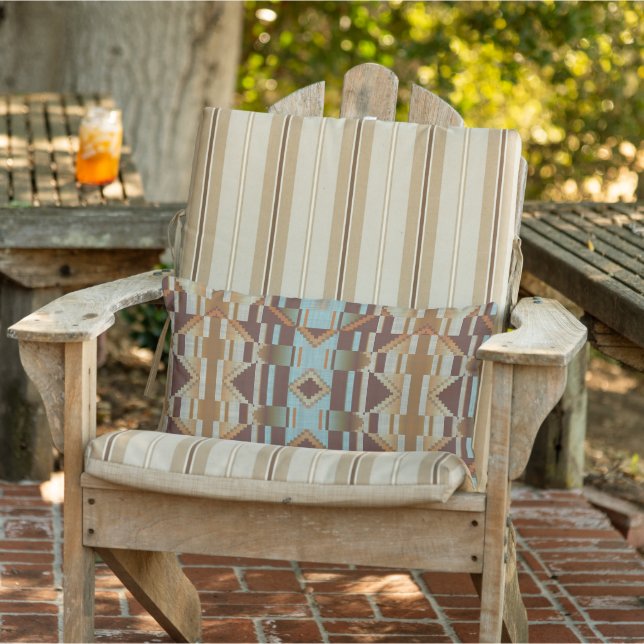 Turquoise Teal Blue Terracotta Brown Tribal Art Lumbar Pillow (Chair)