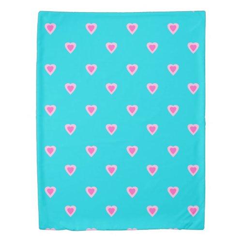 Turquoise Teal Blue with Hot Pink Hearts Girls Duvet Cover