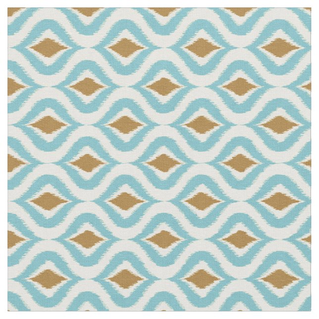 Turquoise Teal Brown Retro Chic Ikat Drops Pattern Fabric (Close Up)