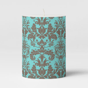 Turquoise, Teal Brown Vintage Damask Pillar Candle