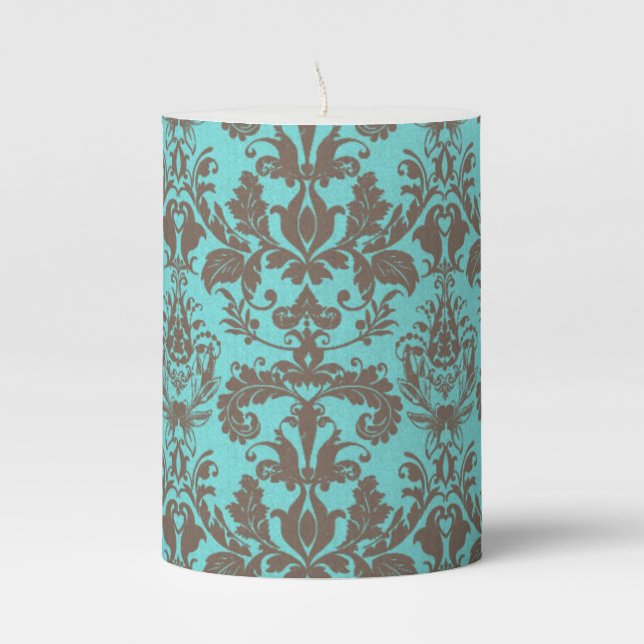 Turquoise, Teal Brown Vintage Damask Pillar Candle (Front)