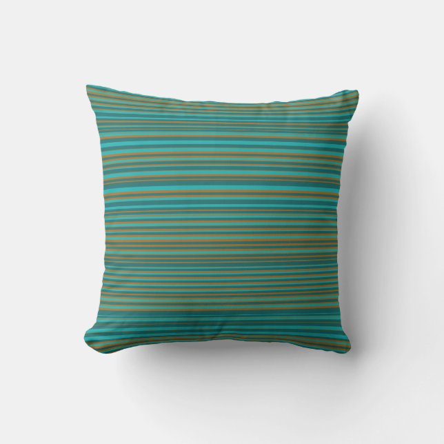 Turquoise Teal & Burnt Orange Striped Outdoor Pillow (Front)
