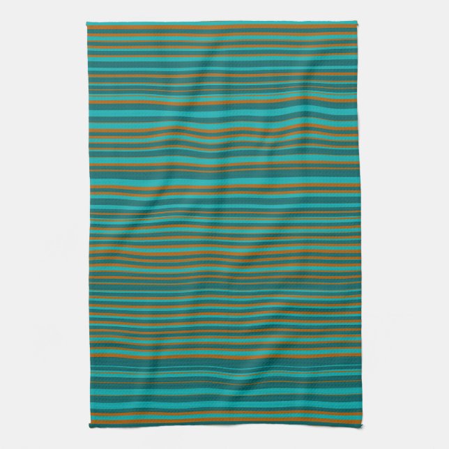 Turquoise Teal & Burnt Orange Stripes Kitchen Towel (Vertical)