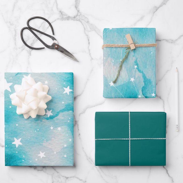 Turquoise Teal Celestial Stars Wrapping Paper Sheets (Front)