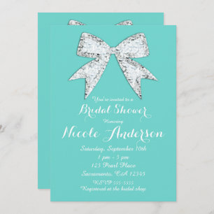 Turquoise Teal Diamond Bling Bow Bridal Shower Invitation