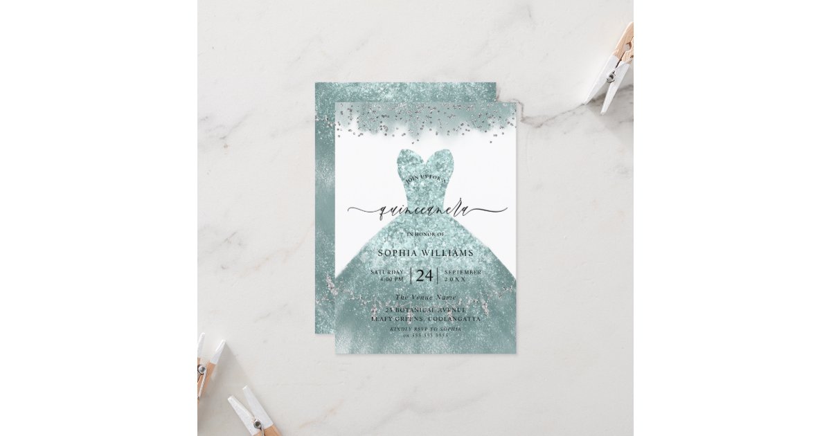 Turquoise Teal Dress Quinceanera Party Invitation | Zazzle