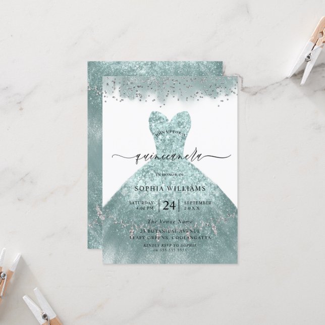 Turquoise Teal Dress Quinceanera Party Invitation (Front/Back In Situ)