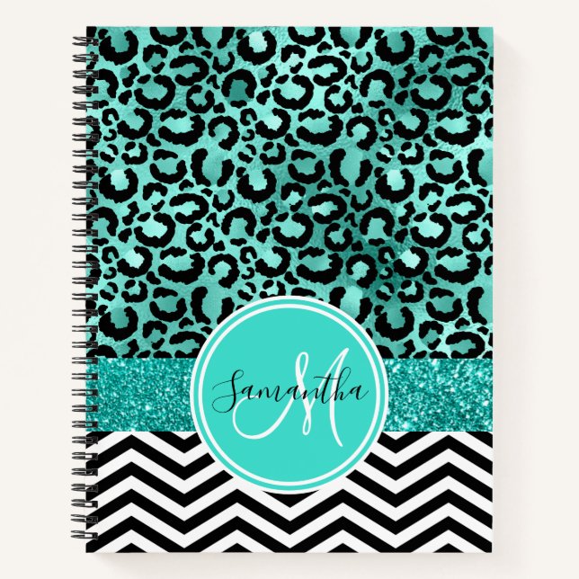 Turquoise Teal Faux Glitter Leopard Print Monogram Notebook (Front)
