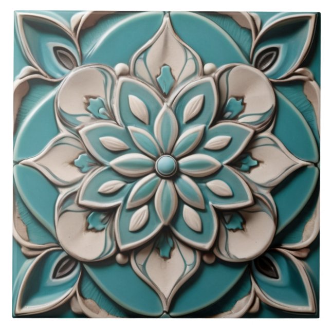 Turquoise Teal Faux Relief Floral Flower Aqua Blue Ceramic Tile (Front)