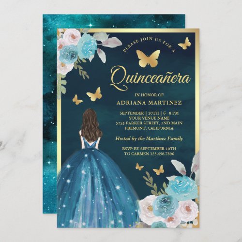 Turquoise Teal Floral Butterfly Gold Quinceanera Invitation