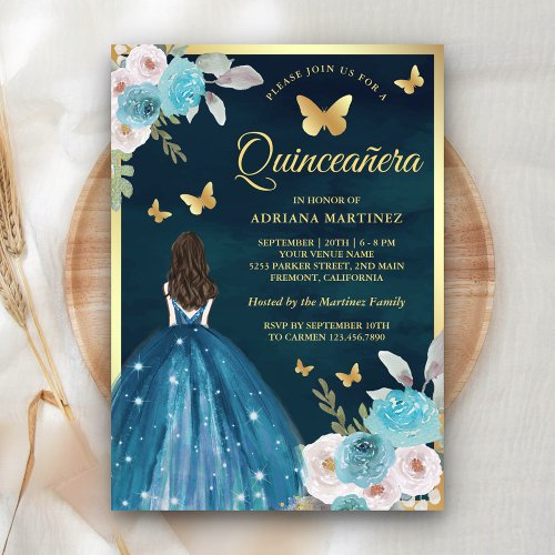 Turquoise Teal Floral Butterfly Gold Quinceanera Invitation