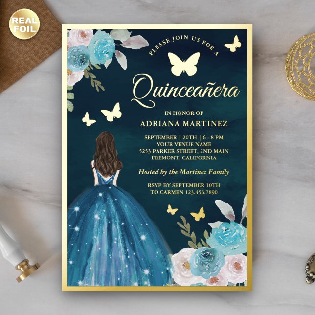 Turquoise Teal Floral Butterfly Quinceanera Gold Foil Invitation (Creator Uploaded)