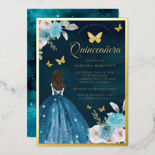 Turquoise Teal Floral Butterfly Quinceanera Gold Foil Invitation