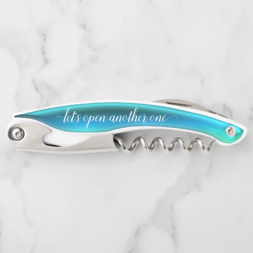 Turquoise Teal Gel Script Corkscrew Bottle Opener