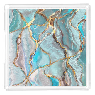 Turquoise Teal Geode Kintsugi Wedding Acrylic Tray
