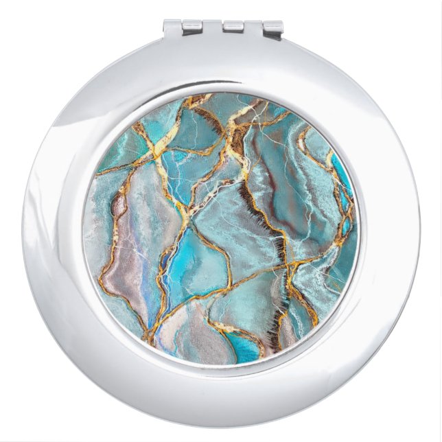 Turquoise Teal Geode Kintsugi Wedding Acrylic Tray Compact Mirror (Front)