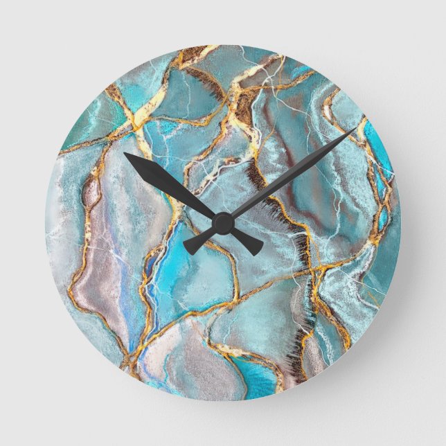 Turquoise Teal Geode Kintsugi Wedding Acrylic Tray Round Clock (Front)
