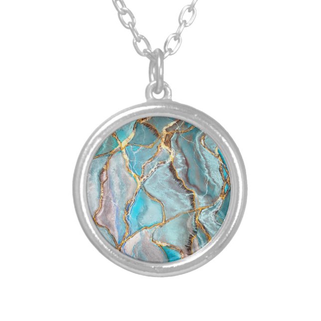 Turquoise Teal Geode Kintsugi Wedding Acrylic Tray Silver Plated Necklace (Front)