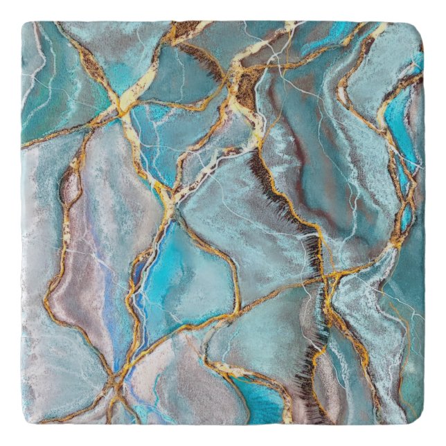 Turquoise Teal Geode Kintsugi Wedding Acrylic Tray Trivet (Front)