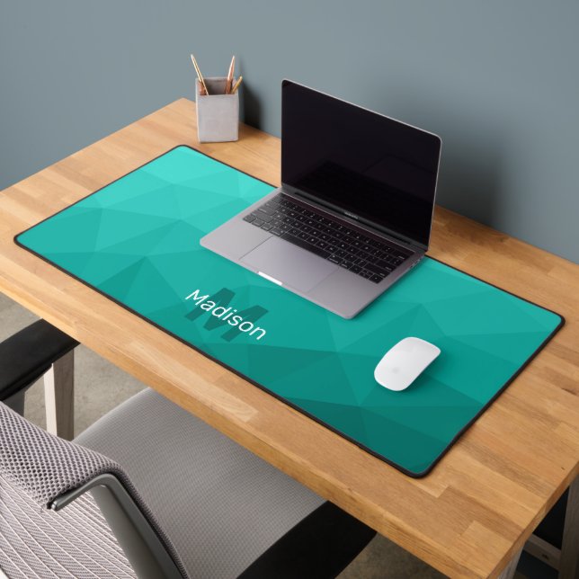 Turquoise teal Geometric Mesh Pattern monogram Desk Mat (Office 2)