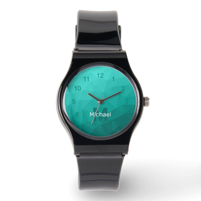 Turquoise teal geometric mesh pattern Monogram Watch (Front)