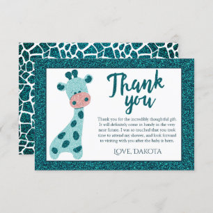 Turquoise Teal Giraffe Modern Glitter Baby Shower Thank You Card