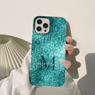 Turquoise Teal Glitter Sparkle Custom Monogram iPhone 15 Pro Max Case