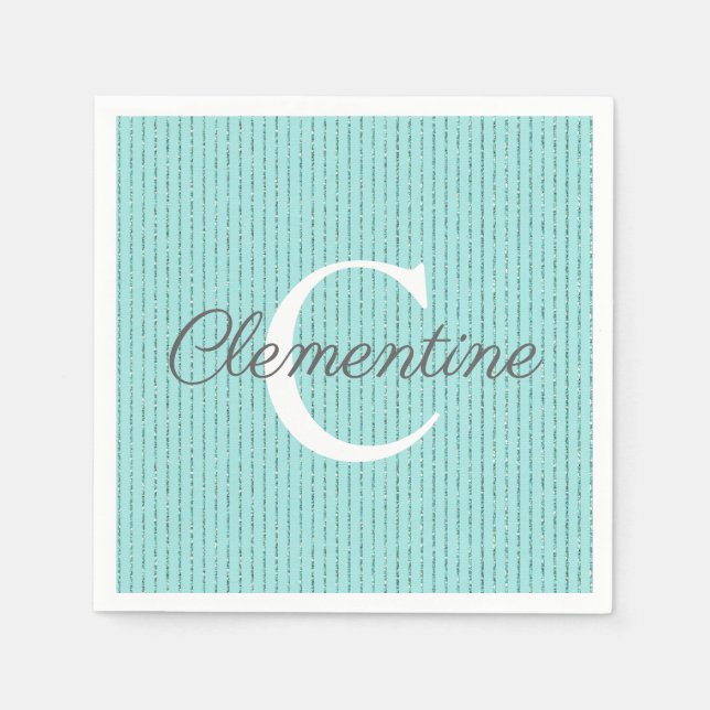Turquoise Teal Glitter Stripes Girly Monogram Napkins (Front)