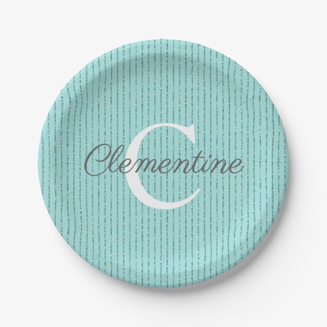 Turquoise Teal Glitter Stripes Girly Monogram Paper Plates (Front)