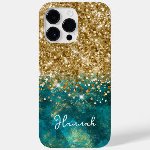 Turquoise Teal Glittery Gold Glam Personalized Case-Mate iPhone 14 Pro Max Case