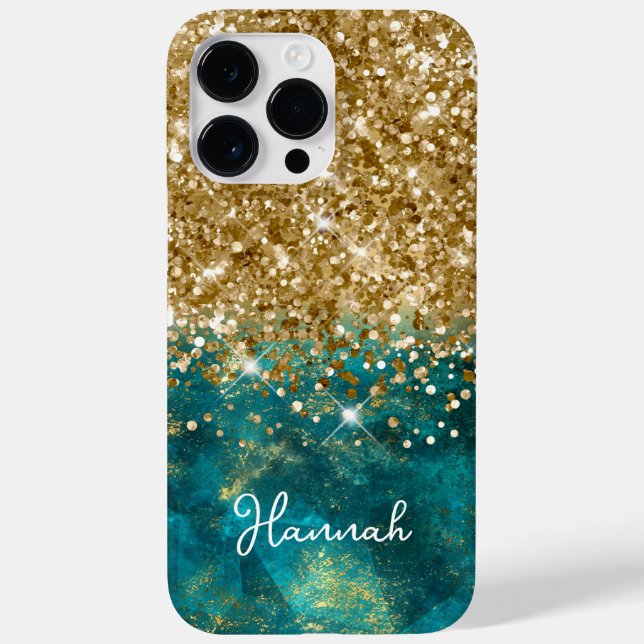 Turquoise Teal Glittery Gold Glam Personalized Case-Mate iPhone Case (Back)