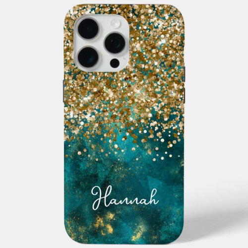 Turquoise Teal Glittery Gold Glam Personalized iPhone 15 Pro Max Case