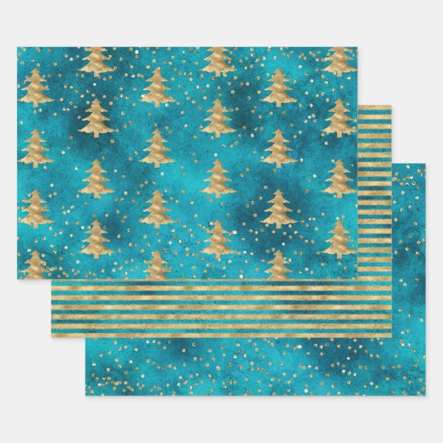 Turquoise Teal Gold Sparkle Christmas Tree   Wrapping Paper Sheets (Set)