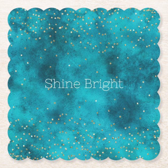 Turquoise Teal Gold Sparkle  Paper Coaster (Front)