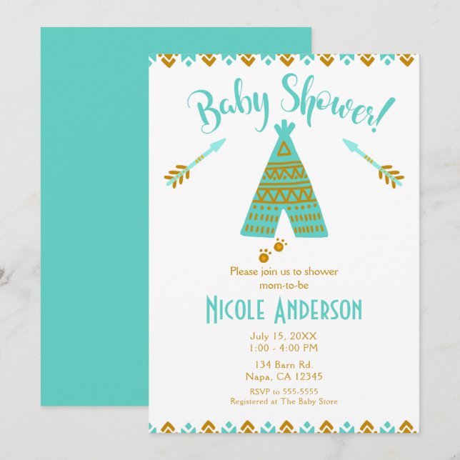Turquoise Teal & Gold Tepee Modern Baby Shower Invitation (Front/Back)