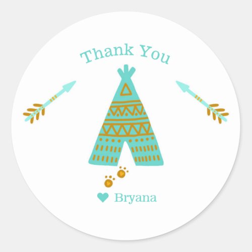 Turquoise Teal  Gold Tepee Modern Birthday Party Classic Round Sticker