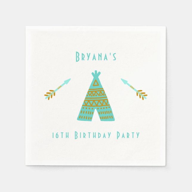Turquoise Teal & Gold Tepee Modern Birthday Party Napkins (Front)