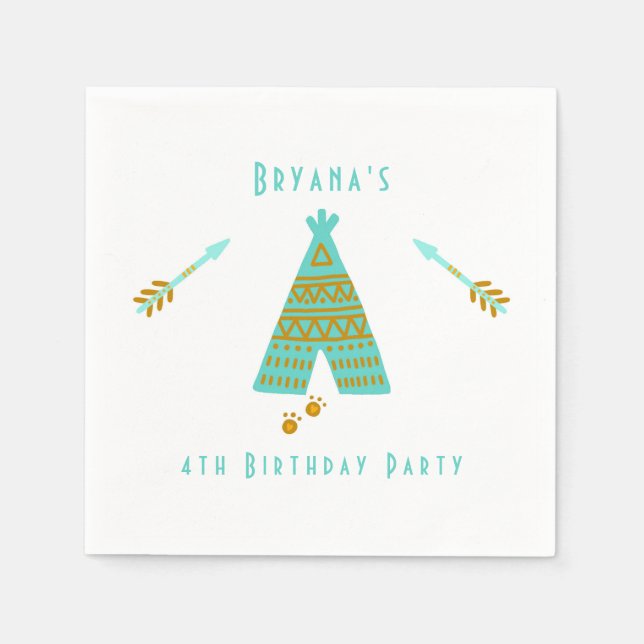 Turquoise Teal & Gold Tepee Modern Birthday Party Napkins (Front)