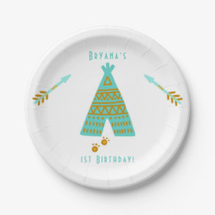 Turquoise Teal & Gold Tepee Modern Birthday Party Paper Plates