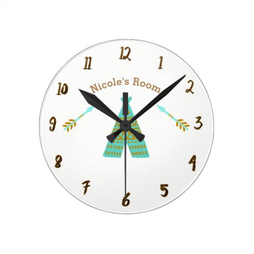 Turquoise Teal &amp; Gold Tepee Rustic Personalized Round Clock