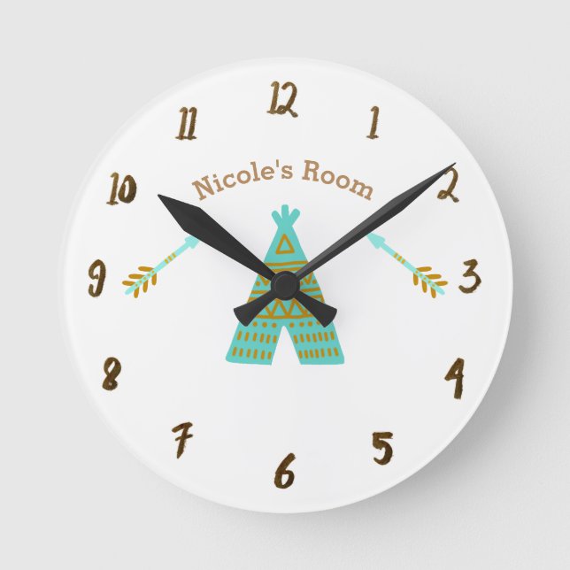 Turquoise Teal & Gold Tepee Rustic Personalized Round Clock (Front)