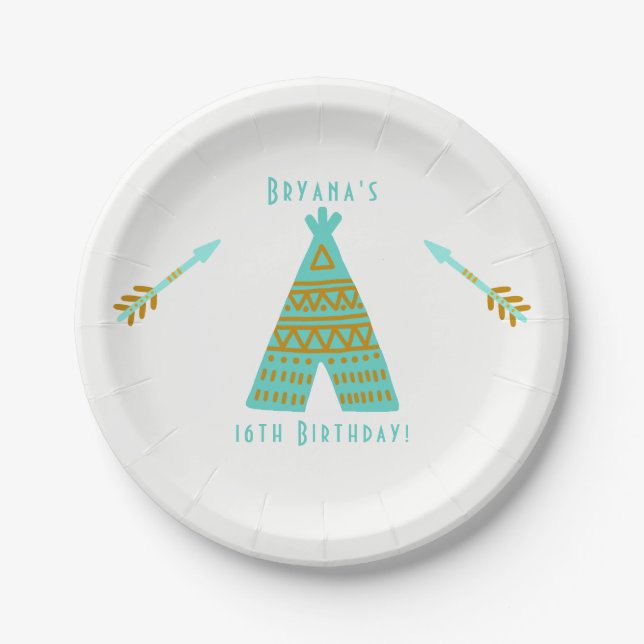 Turquoise Teal Gold Tepee Sweet 16 Birthday Party Paper Plates (Front)