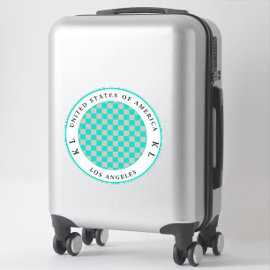 Turquoise Teal Gray Checkerboard Travel Luggage Sticker