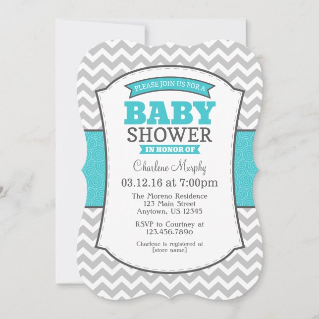 Turquoise Teal Gray Chevron Baby Shower Invitation (Front)