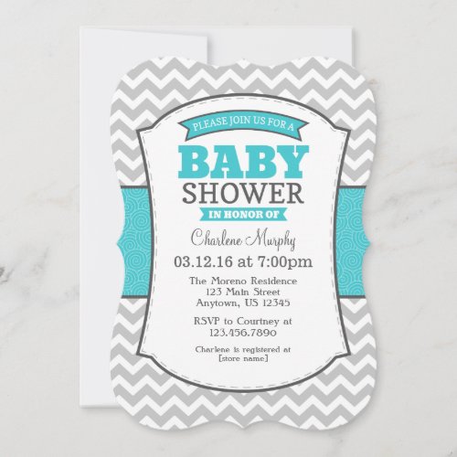 Turquoise Teal Gray Chevron Baby Shower Invitation